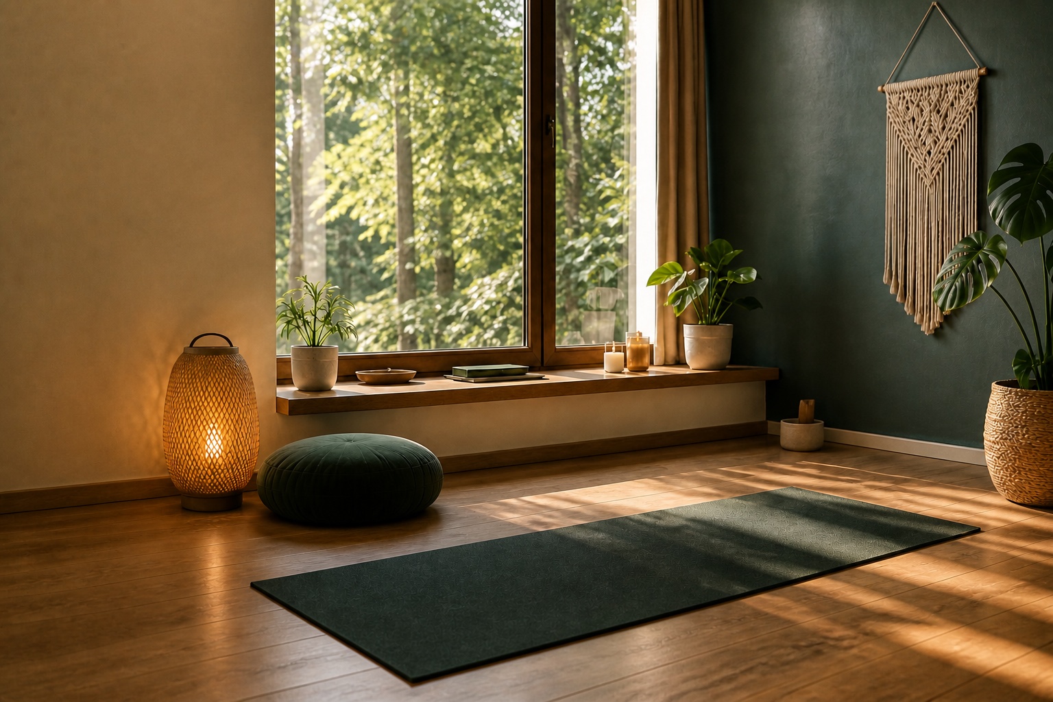 Ruhiger, warmer Yogaraum mit Matte, Sitzkissen und Blick ins Grüne